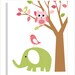 Childrens Art Prints, Nursery Wall Art, Baby room decor , - Elephants, Birds, Owls and Tree- Pink and Green- Set of three 11x14 Personalized