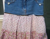 Boho Chic Girls Denim Skirt with 100 % Cotton Tiered Floral Bottom Size 10