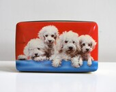 Vintage tin box: puppy dogs in red and blue, vintage home storage.