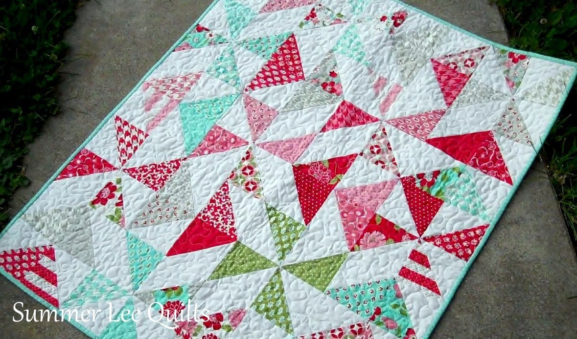 Modern Baby Girl Quilt - Vintage Modern Quilt - Baby Quilt in Red, Pink, Aqua, Green, and Grey - One of a Kind - Ready to Ship