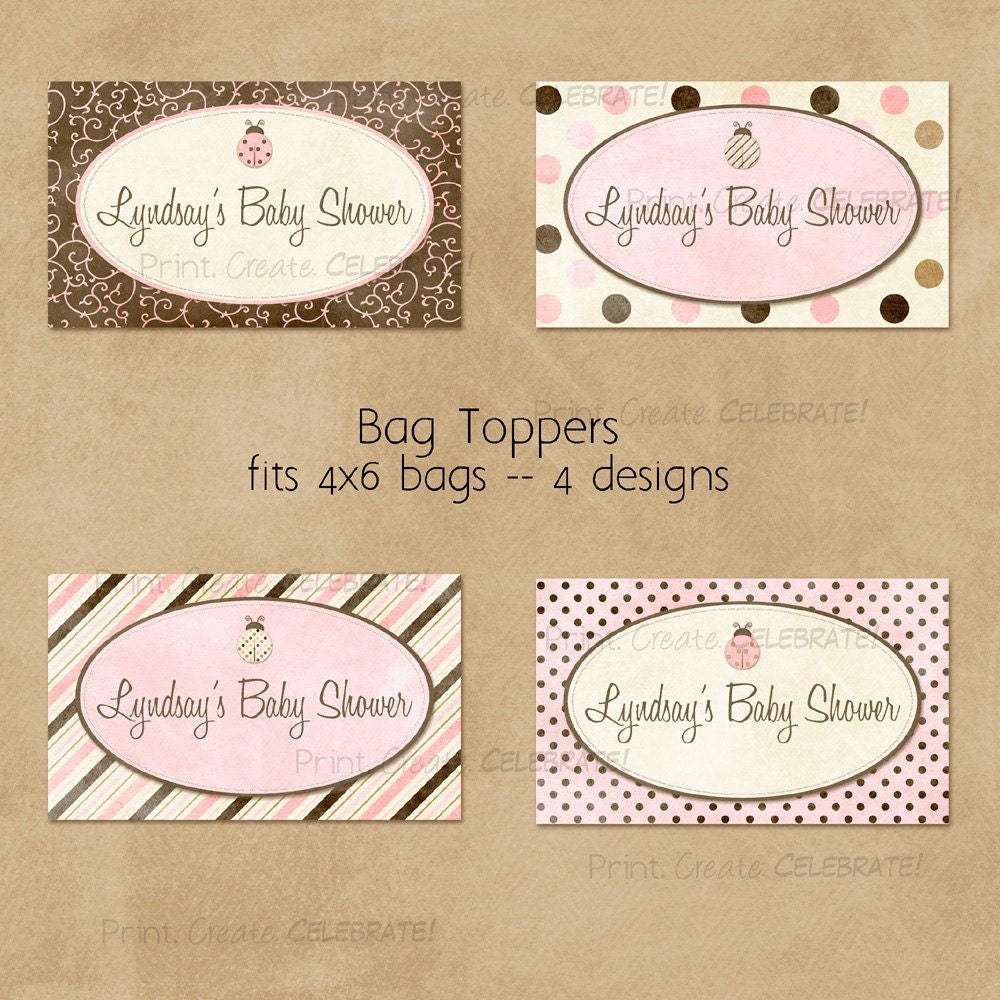 Party Favor Bag Toppers, Ladybug, Pink and Brown -- Digital Printable w/Custom Text