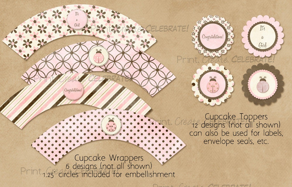 Cupcake Toppers and Wrapper, Ladybug Baby Shower, Brown and Pink -- Digital Printable