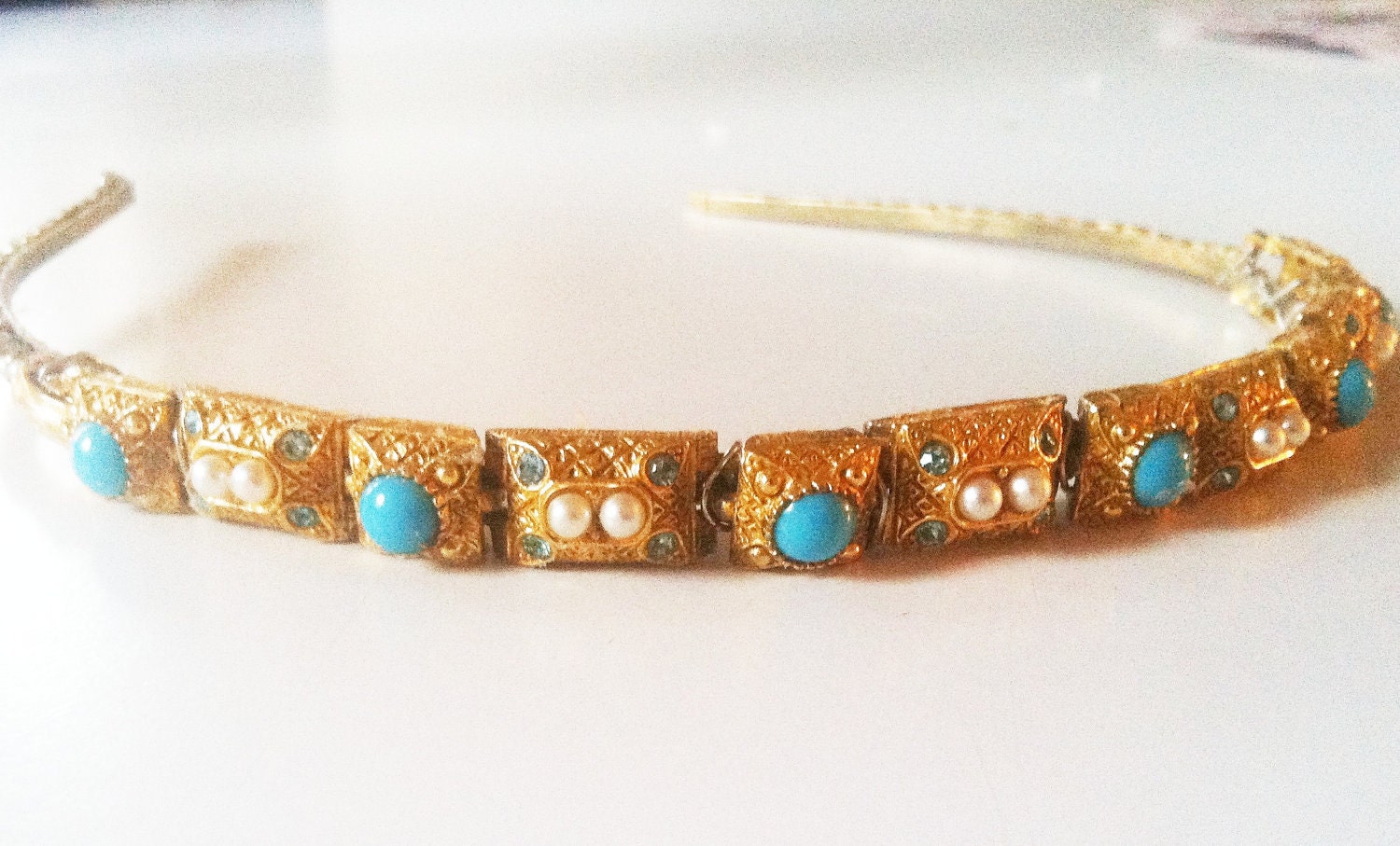 SALE--Antique Art Deco Pearl & Turquoise Ornate Gold Bridal Headband-Vintage Bride Wedding Headpiece-1920s 1930s