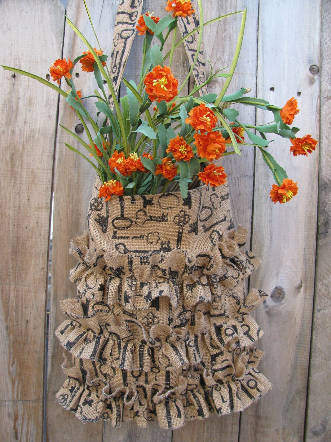Burlap Printed  Key Design Shabby Chic Tote Bag Romantic Rustic Bag Three Ruffles