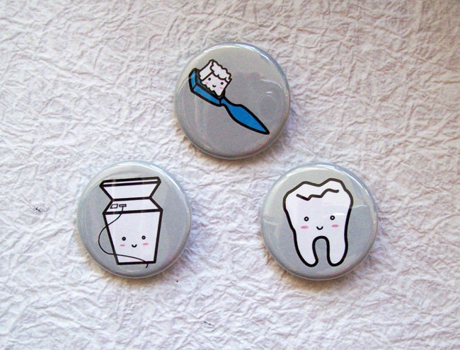 Cute Tooth / Dentist Themed 1.25" Fridge Magnet Set of 3