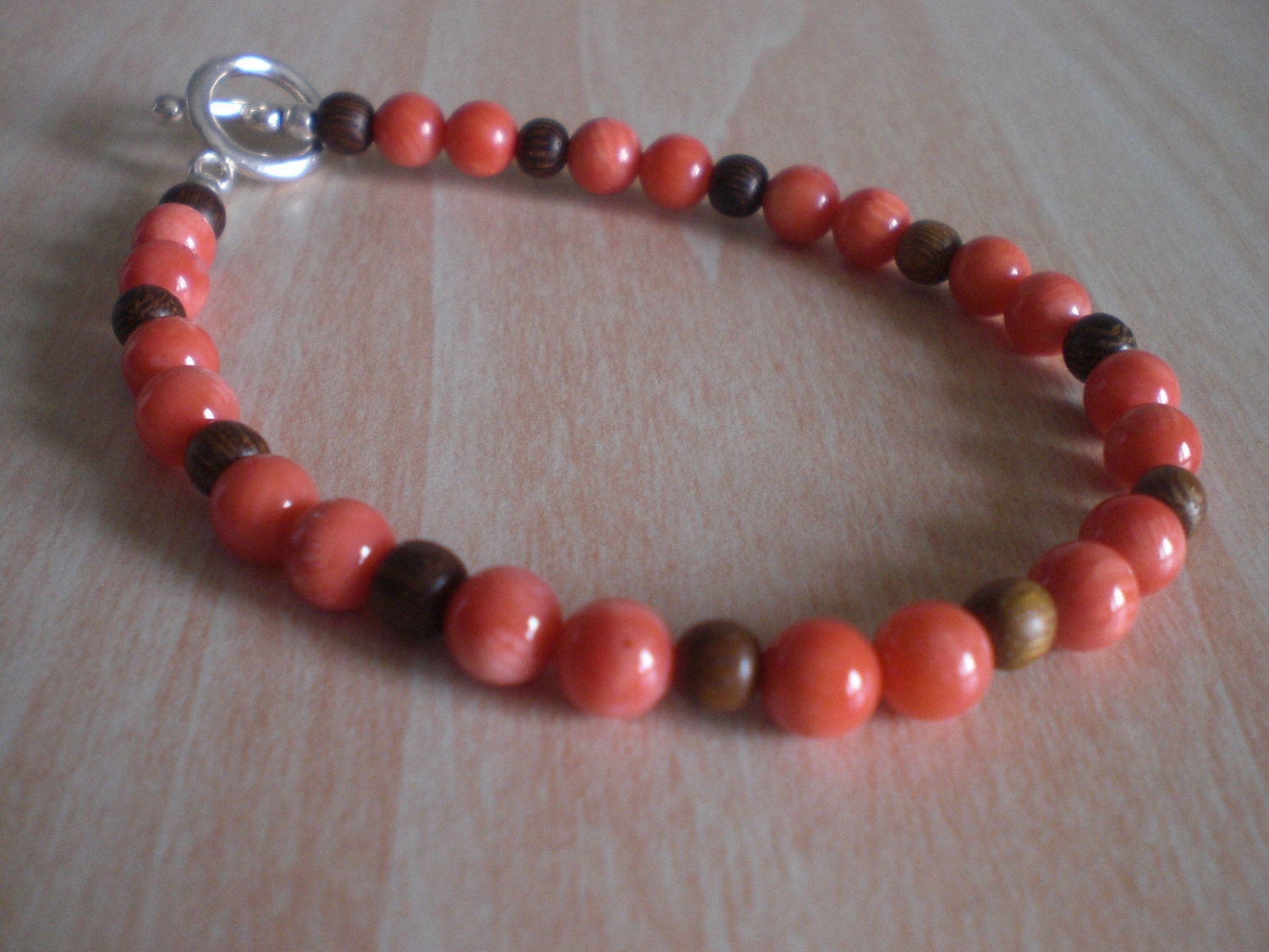 Pink Coral and Wood Bead Bracelet