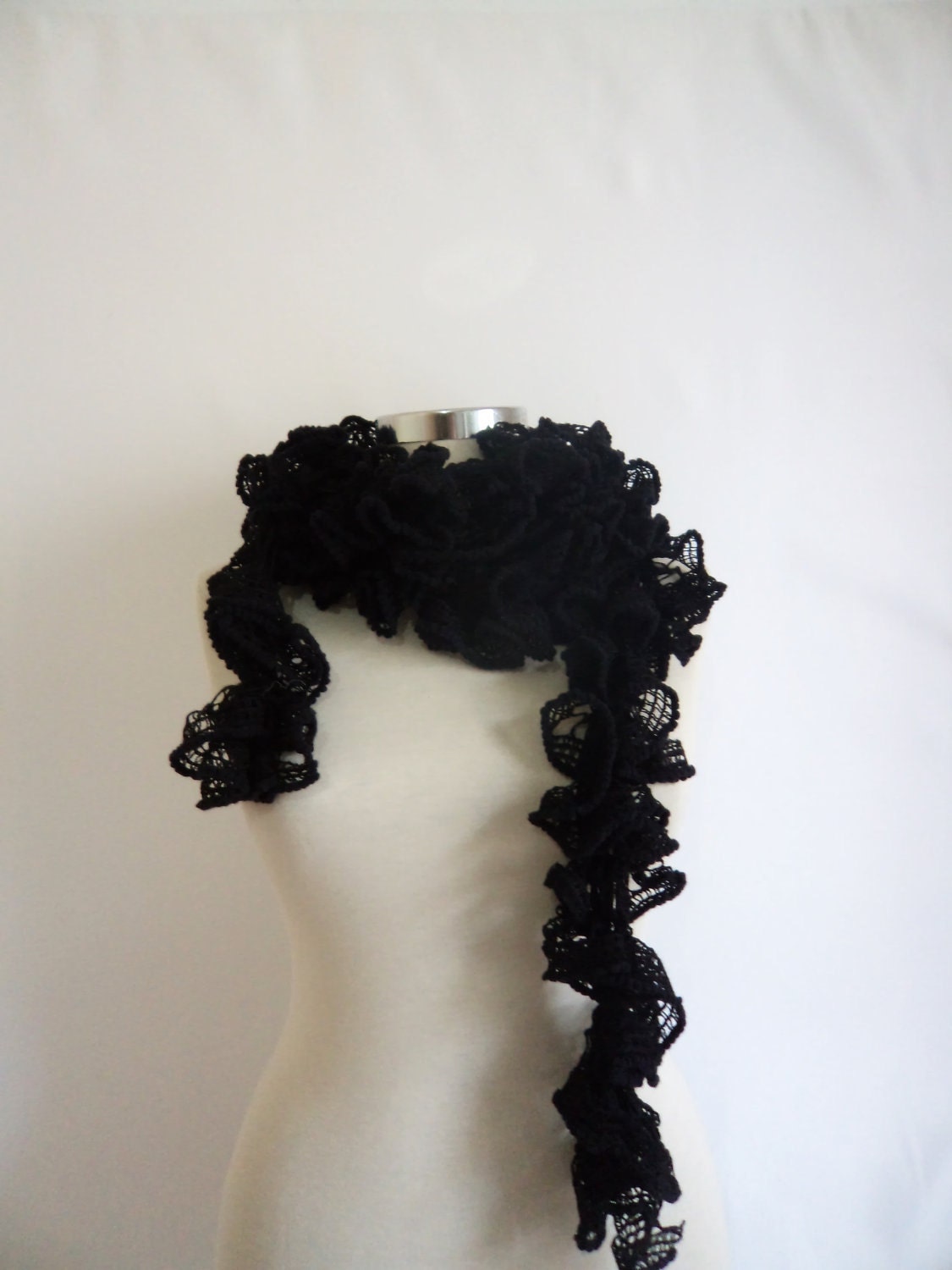 Black Scarf,shawl,stole,woman,gift,handmade,crcohet,new,winter,chic,victorian,bohem,pom,collar,cowl,warm,wrap,style,