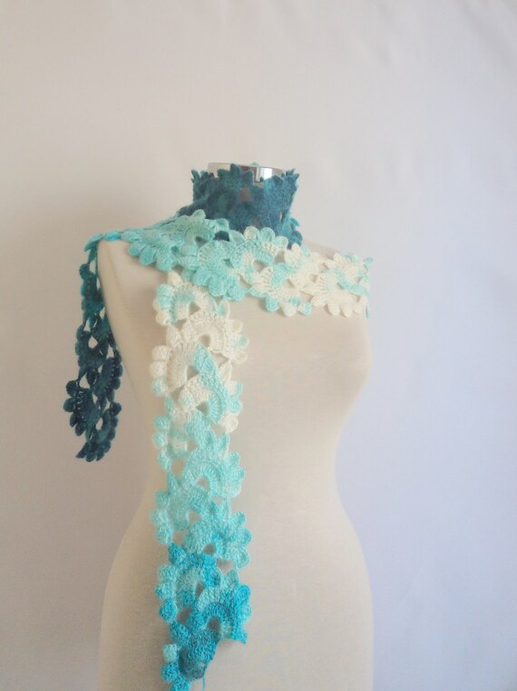 Blue Wool Scarf Shawl Wrap Floral Necklace BLUE GIFT gifts  romance,scarflette,necklace,necktie,handmade,crochet,collar,cowl,stole,white