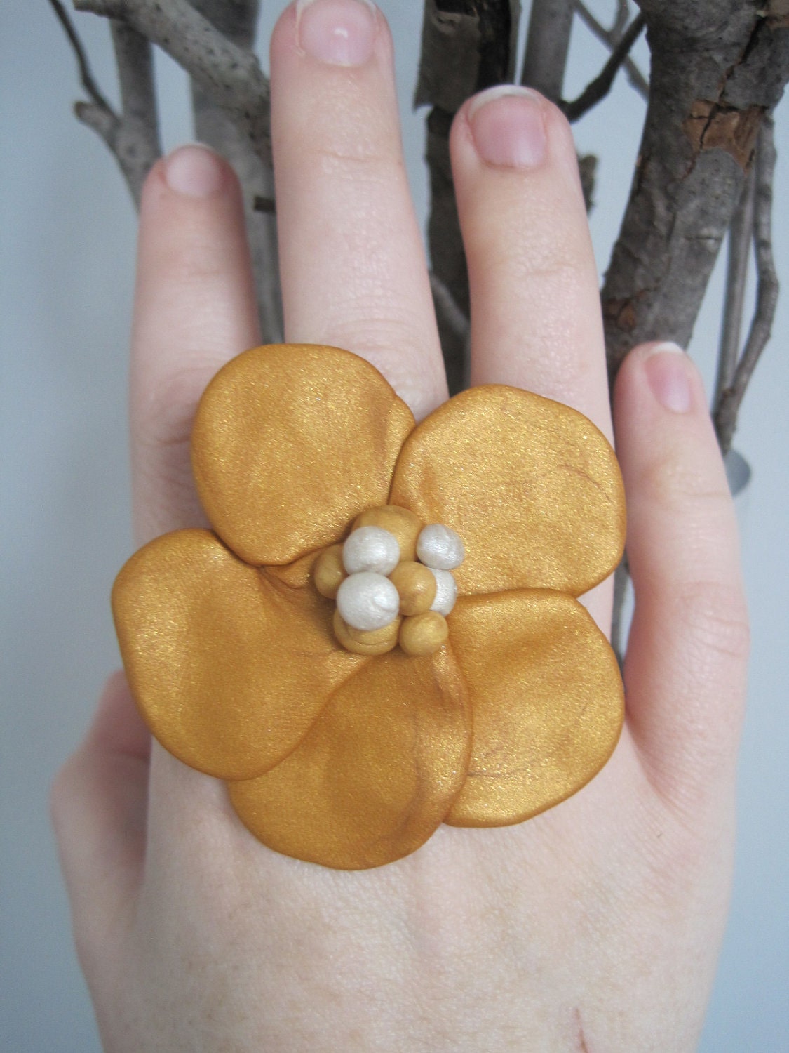 Gold and pearl pansy statement ring, gift for her, gold statement ring as designed for Nicole Ritchie