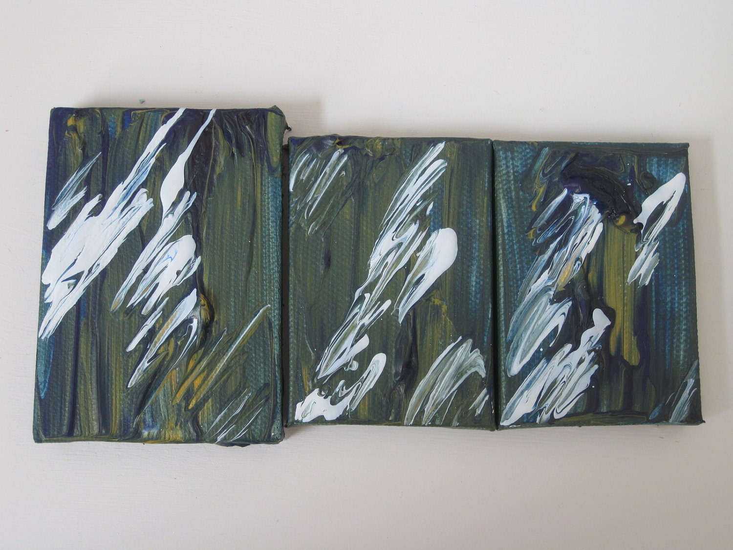 Navy/Mustard/White miniature triptych acrylic abstract painting 6.25"x3"