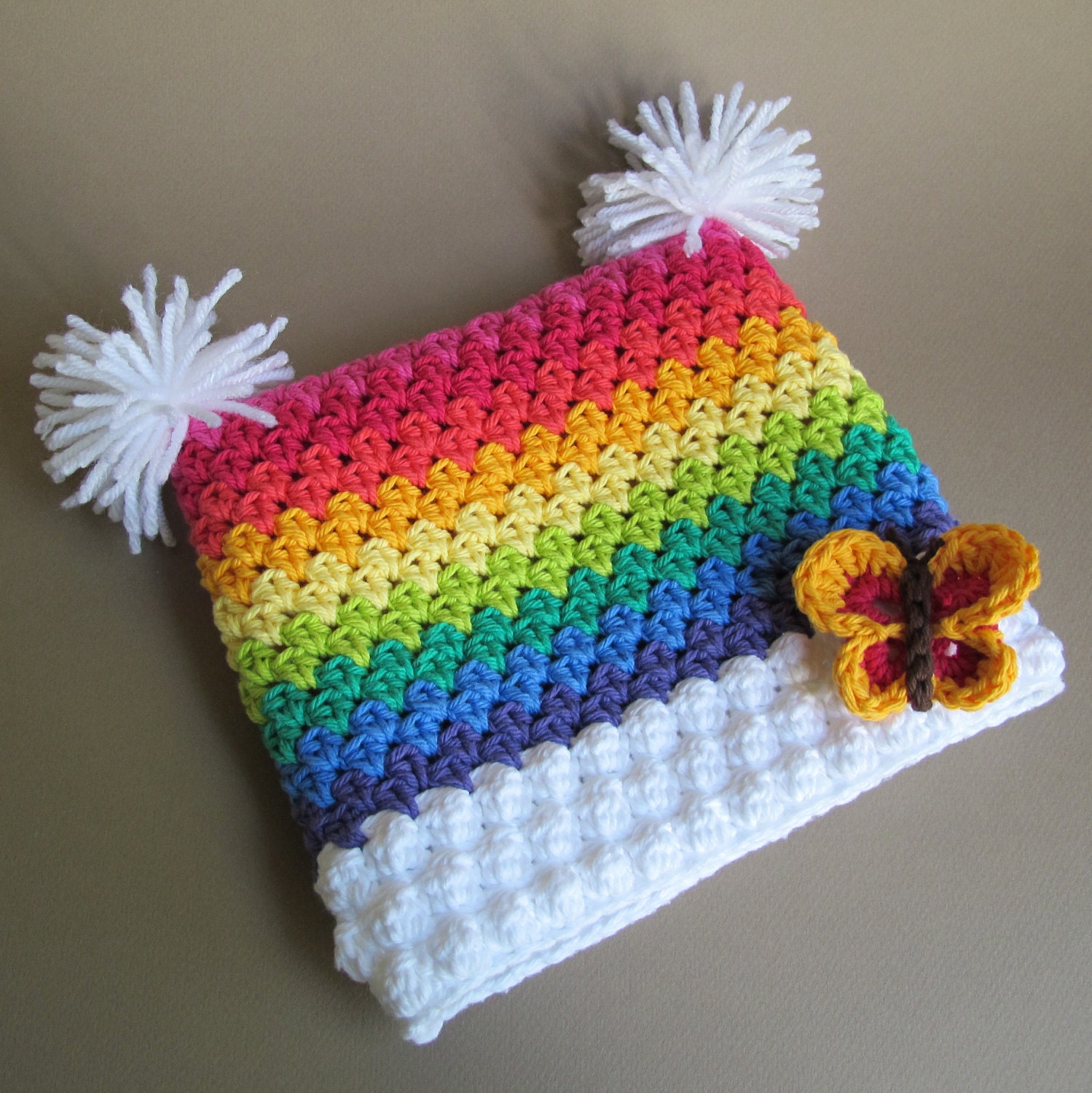 CROCHET PATTERN - Over the Rainbow - a colorful square hat with butterfly and pom-poms in 6 sizes (Infant - Adult S) - Instant PDF Download