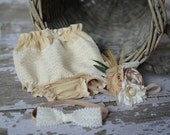 Vintage Tea Stained Ivory Lace Diaper  Cover with Coordinating Headbands
