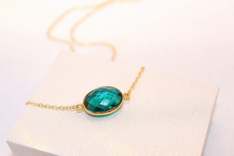 22k Gold Vermeil Bezel Set Teal Quartz Stackable Gemstone Necklace - Bridal Gift - Gift for Her