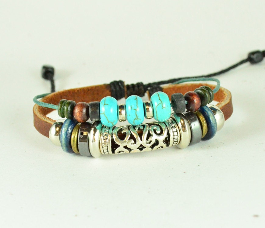 Pendant Bracelet Leather Bracelet Bangle Bracelet Jewelry Bracelet Charm Bracelet with Blue Turquoise(T04)