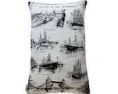 Vintage cushion cover SHIPS of the THAMES upcycled linen tea towel in cream - Large bench pillow.
