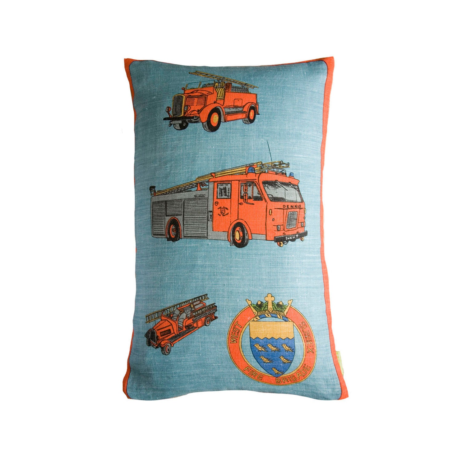 West Sussex Fire Engine Vintage Cushion upcycled tea towel pillow in linen.