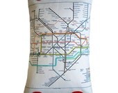 London Underground Metro Tube Map Cushion Vintage Upcycled Remade Teatowel, pillow sized, white and grey.