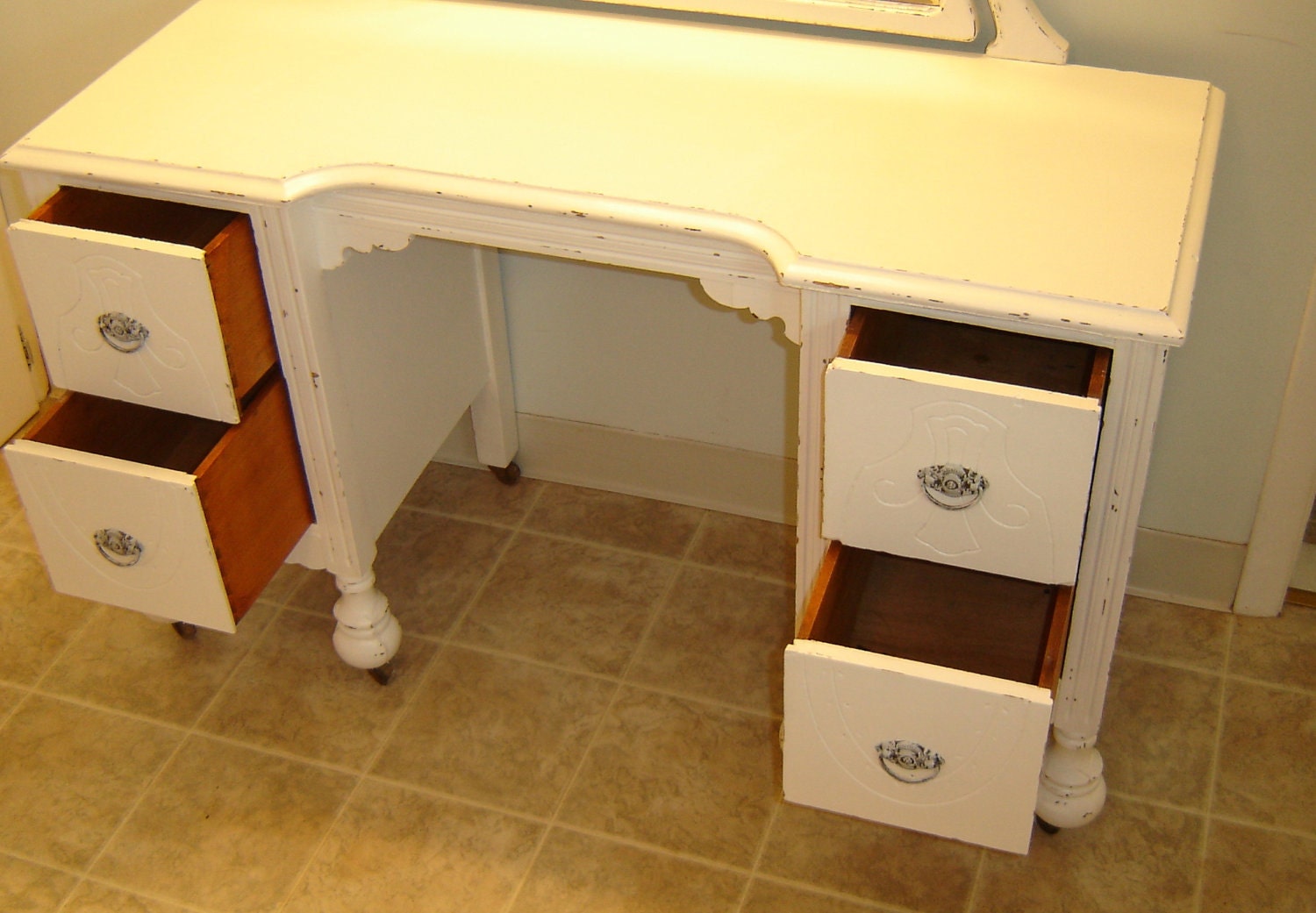 Fabulous White Vintage Shabby Chic Vanity, Mirror & Chair