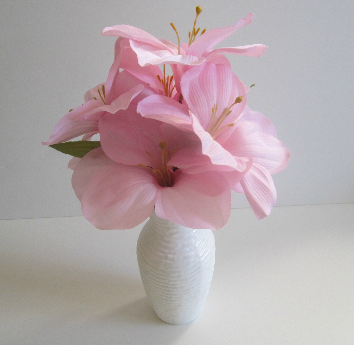 Silk Floral Arrangement Pink Amaryllis In Painted White Vase - IllusionCreations