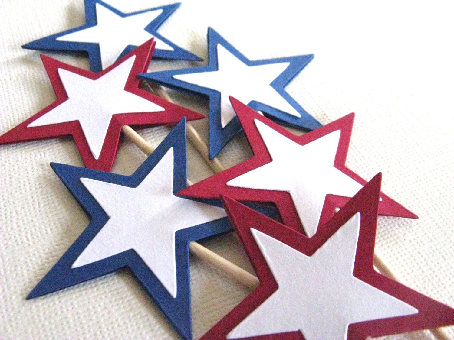 18 Cupcake Toppers, Red White and Blue Stars, Party Decor, Memorial Day, 4th of July, Patriotic