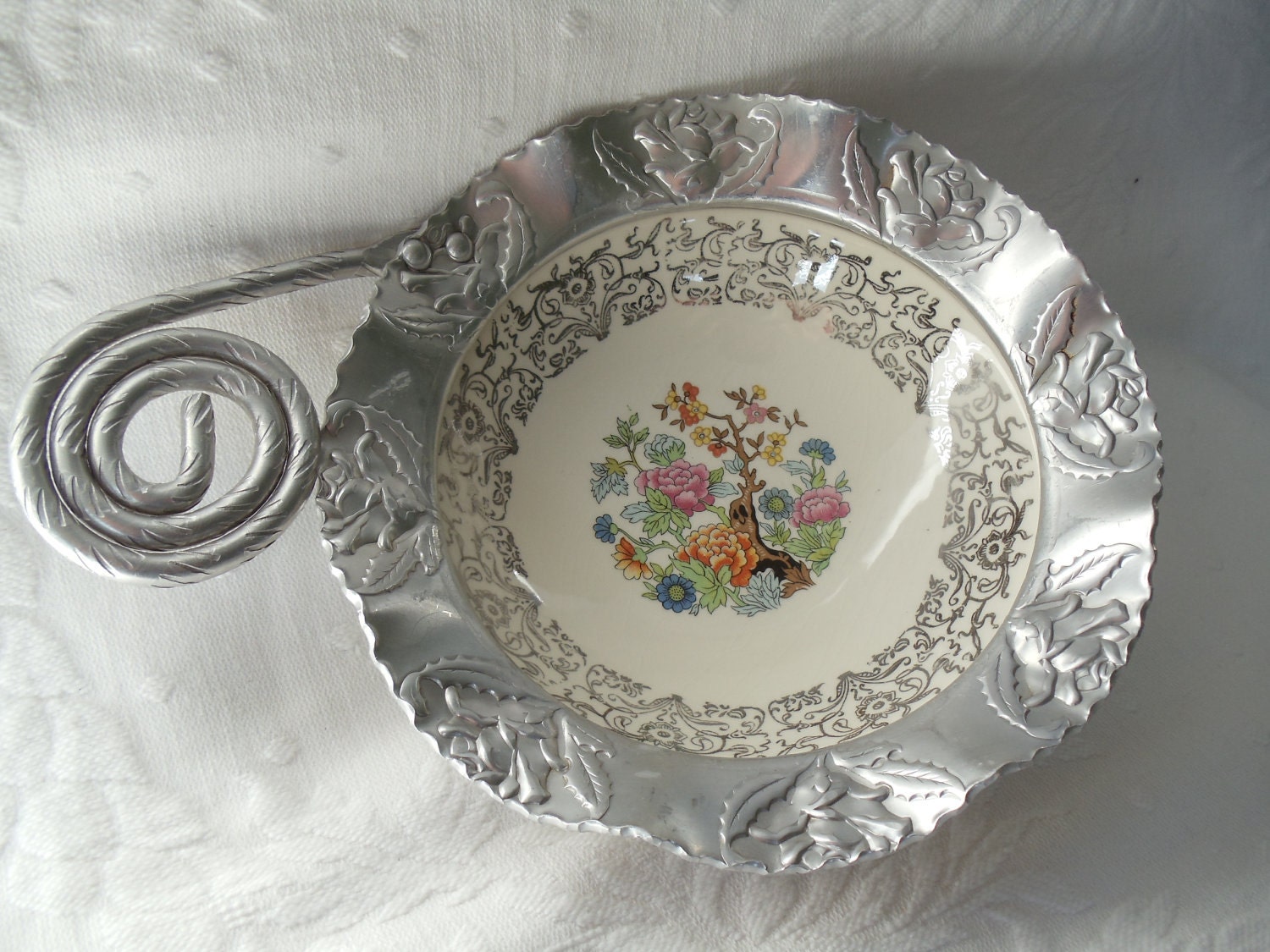 VINTAGE Farber & Shlevin Inc Hand Wrought Aluminum and Porcelain Bowl