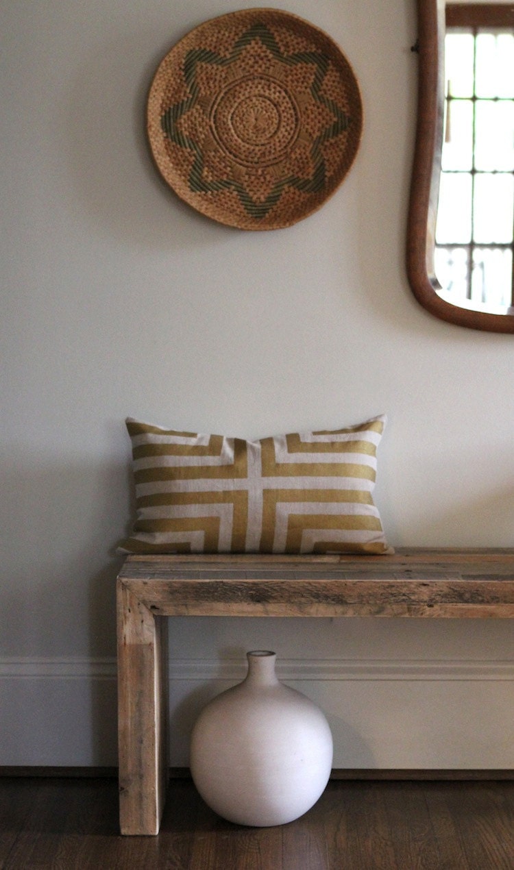 Doha lumbar pillow cover hand printed in metallic bronze on natural organic hemp 12x21