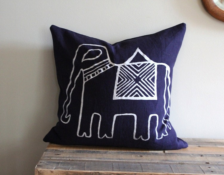 Indigo & white elephant handprinted organic hemp pillow cover 20x20