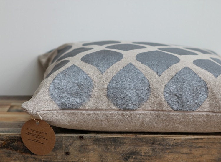 Throw pillow cover- Aya Metallic silver hand printed on greige organic hemp 20x20