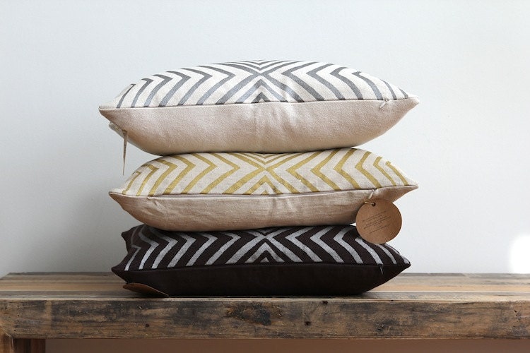 Aya Contour pillow cover hand printed in metallic gold on natural organic hemp 12x21 lumbar