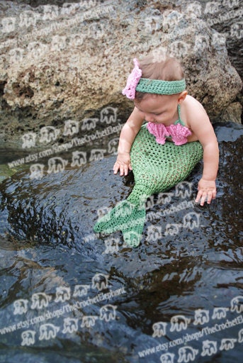 Mermaid Tail, Seashell Bikini Top and Sea Star Headband Set, Newborn