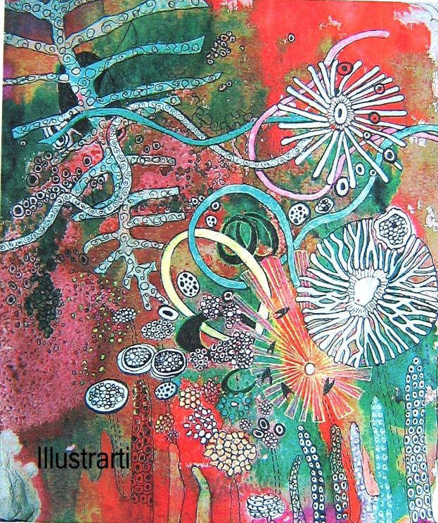 Aceo Fantasy Print in Red From an Original Mixed Media Painting