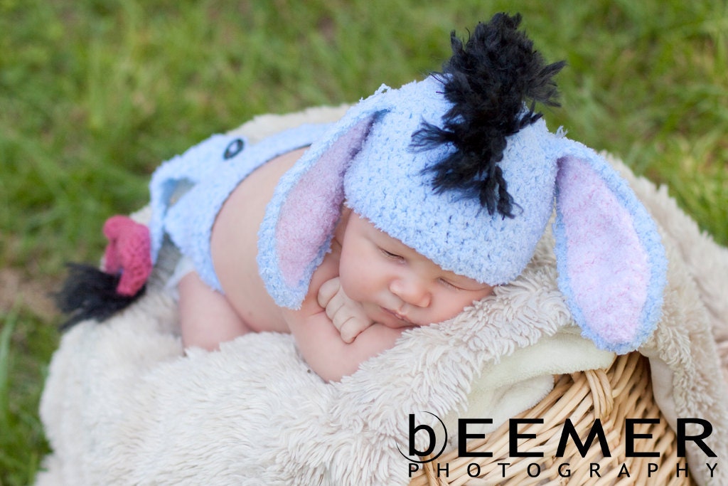 Eeyore inspired Gloomy Donkey Crochet Baby Hat and Diaper Cover Costume or Photo Prop