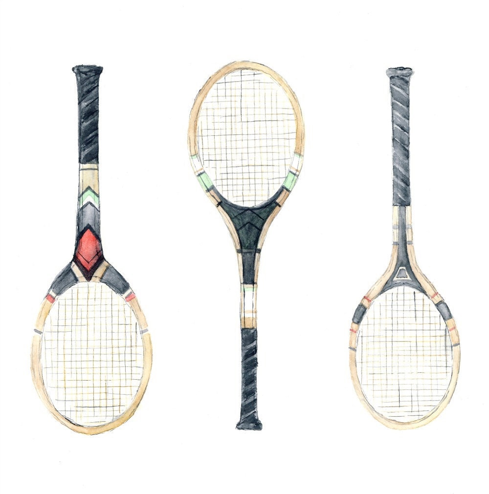 tennis racquet watercolor art giclee print // 8x10 // sports home decor wall art