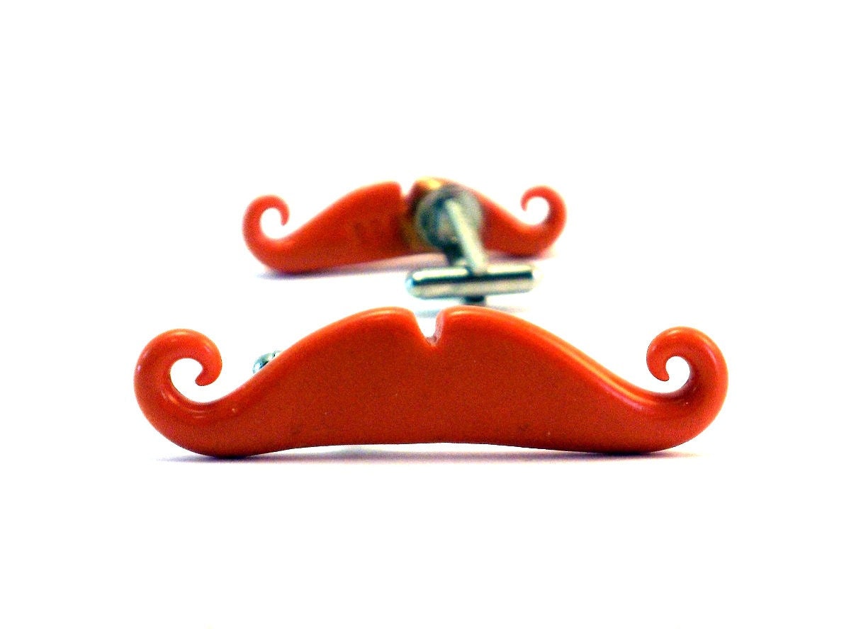 Orange Tangerine Mustache Cufflinks Handlebar Style Handmade - Halloween, wedding favors, groomsmens gifts - Bijotti&Ciciotti