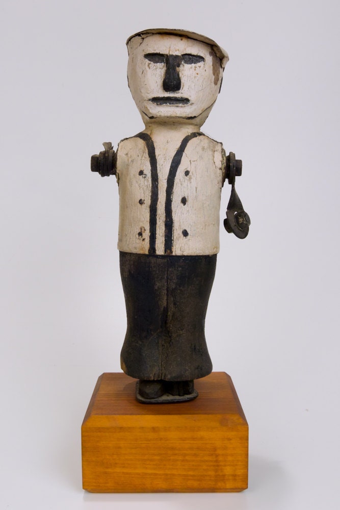 Vintage Americana 1930s Folk Art Handmade Black and White Carved Painted Figural Sailor Weathervane-Whirligig
