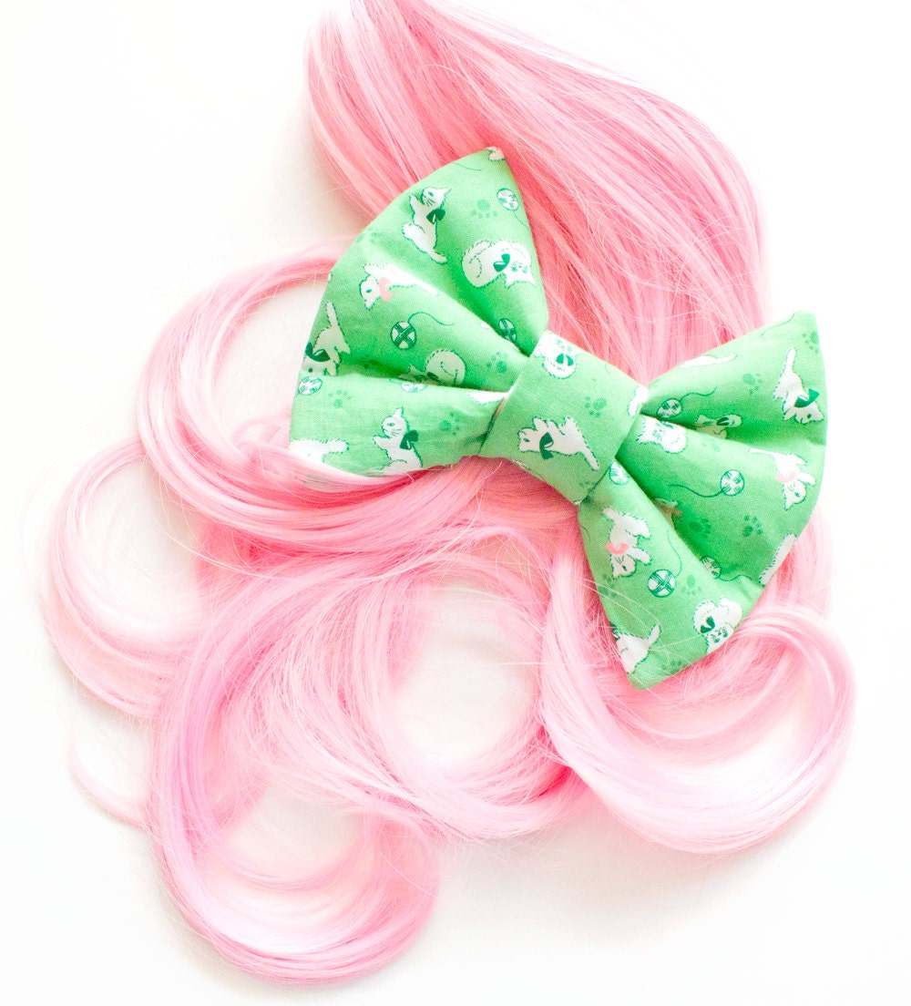 Green Cats Fabric Bow
