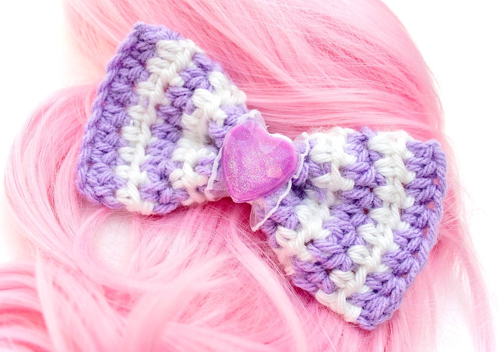 Crochet Hair Bow Clip - Purple and White Stripes