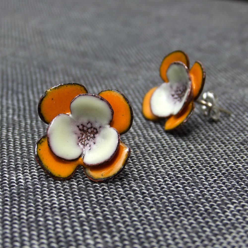 Cream and Yellow Flowers -- glass enamel earrings