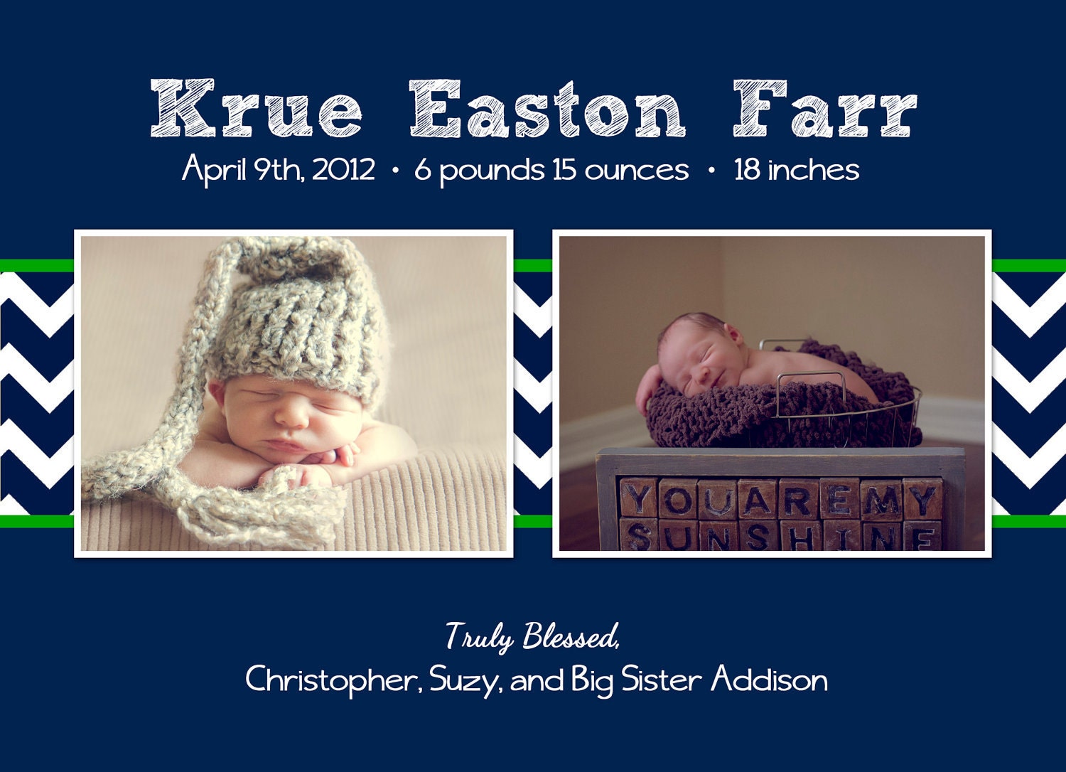 LIttle Chevron-A Simple and Stylish Custom Photo Birth Announcement for Baby Boy or Girl, 5x7, personalized and printable