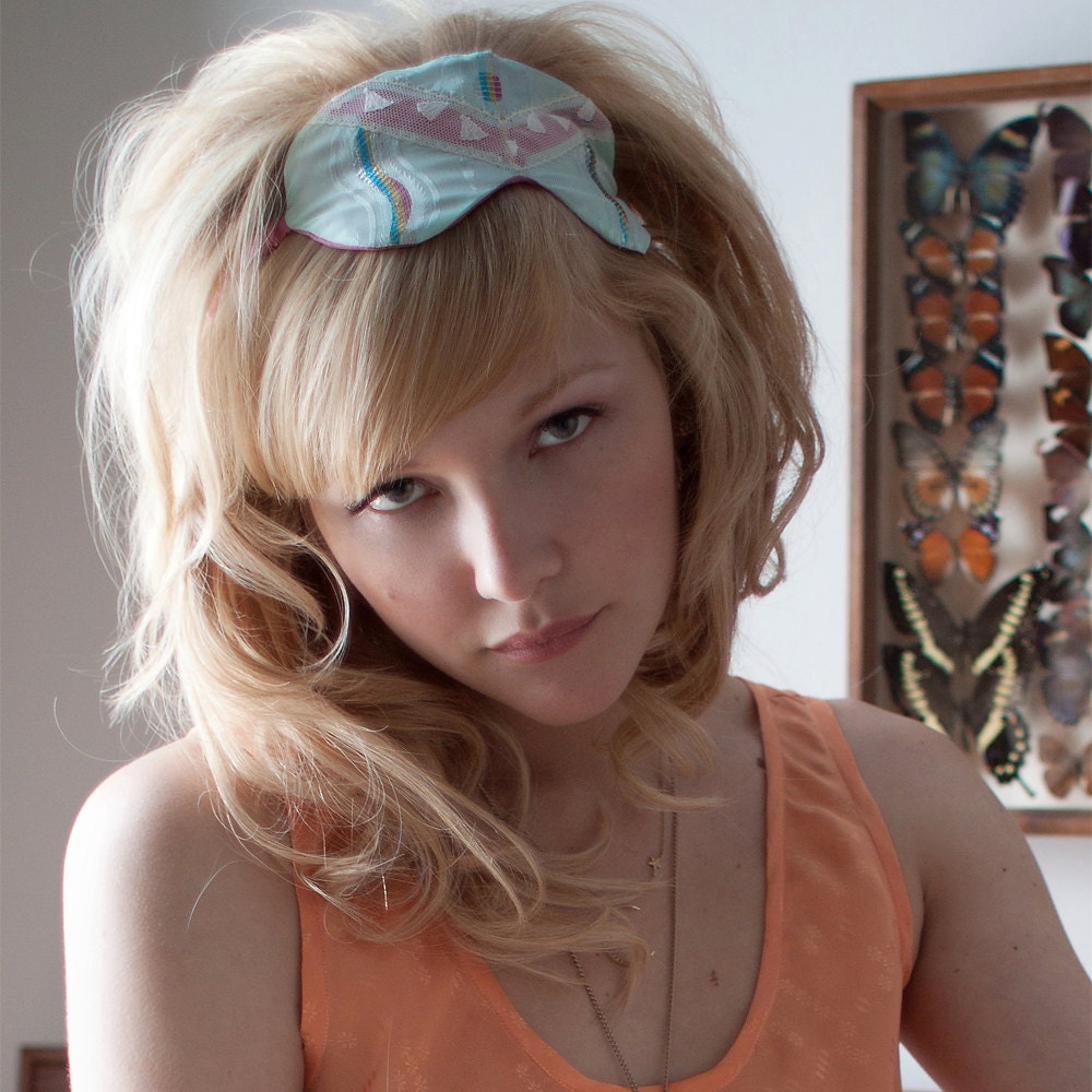 Sleep Mask Eyemask Lingerie / Aquamarine Rainbow Pink Vintage Jacquard - Anya Private Eye Sleep Mask