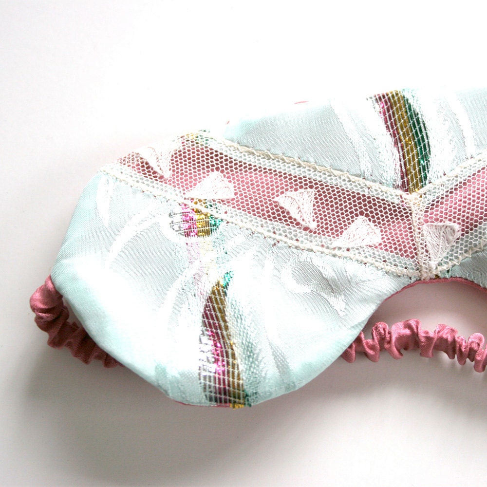 Sleep Mask Eyemask Lingerie / Aquamarine Rainbow Pink Vintage Jacquard - Anya Private Eye Sleep Mask