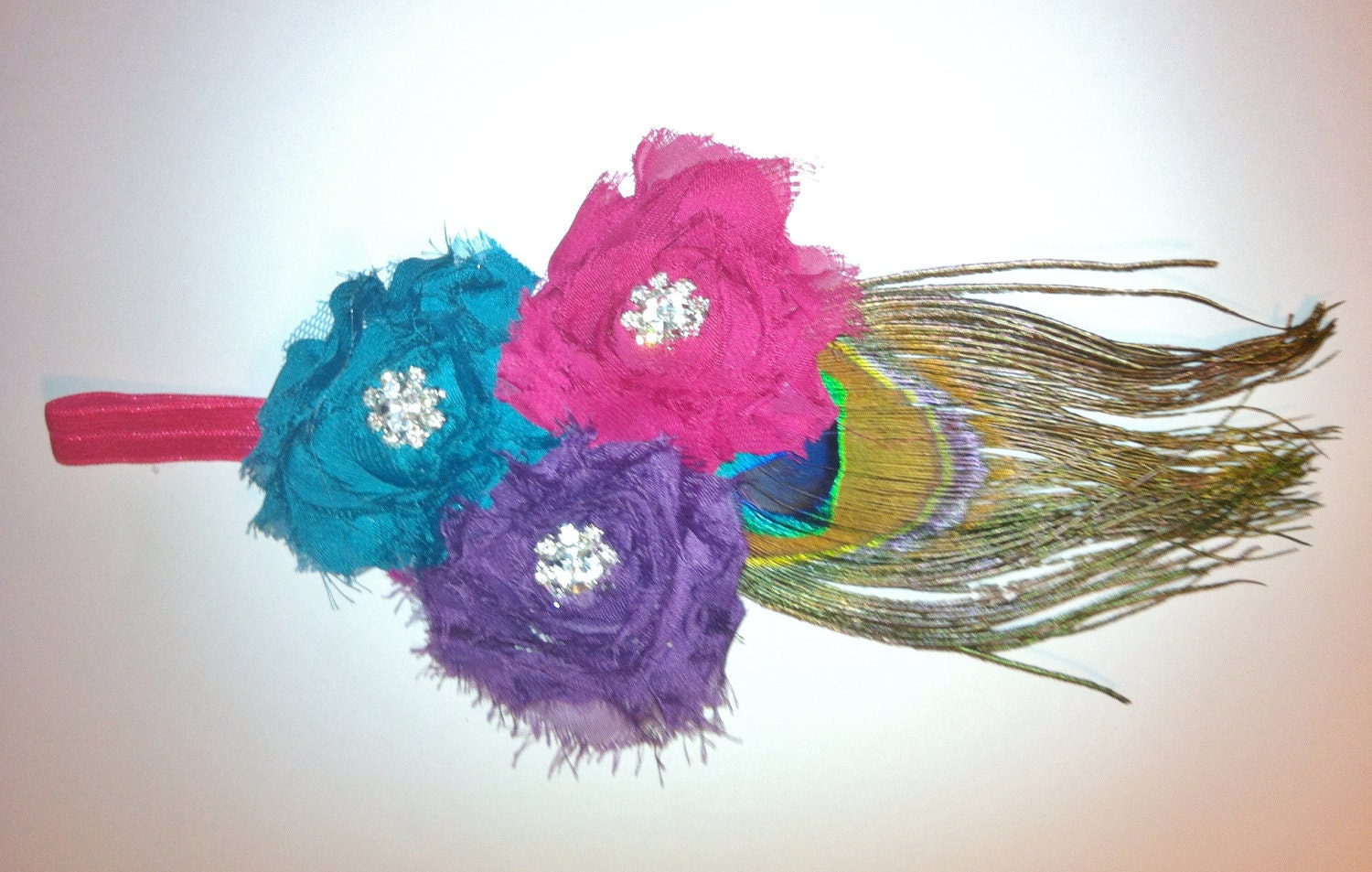 Peacock Headband,Shabby flower with Peacock Feather and rhinestone accent on fuschia pink headband.