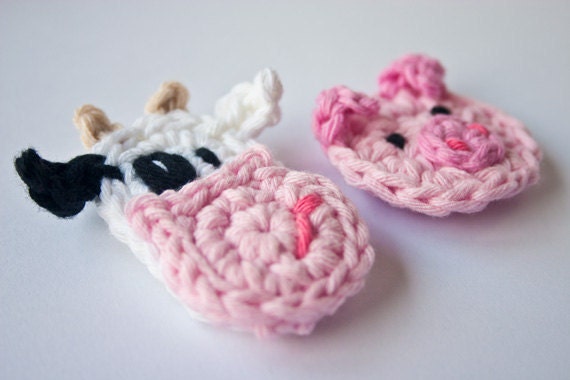 Instant Download - PDF Crochet Pattern - Cow, Pig and Farm Applique - Text instructions and SYMBOL CHART instructions