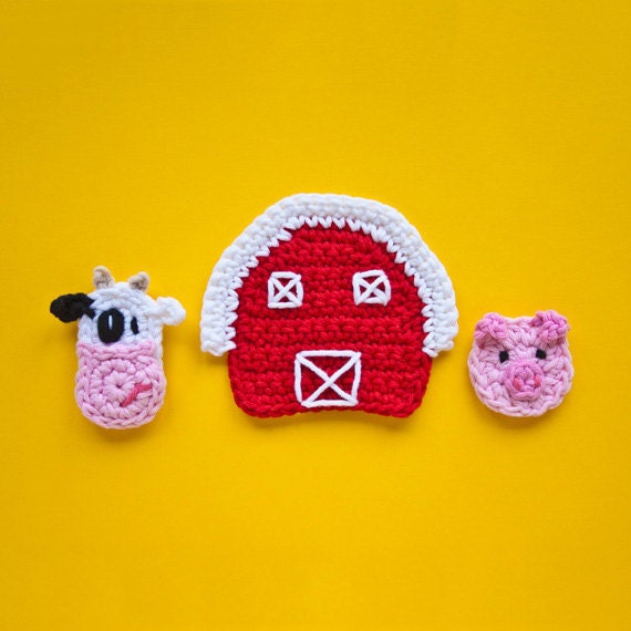 Instant Download - PDF Crochet Pattern - Cow, Pig and Farm Applique - Text instructions and SYMBOL CHART instructions