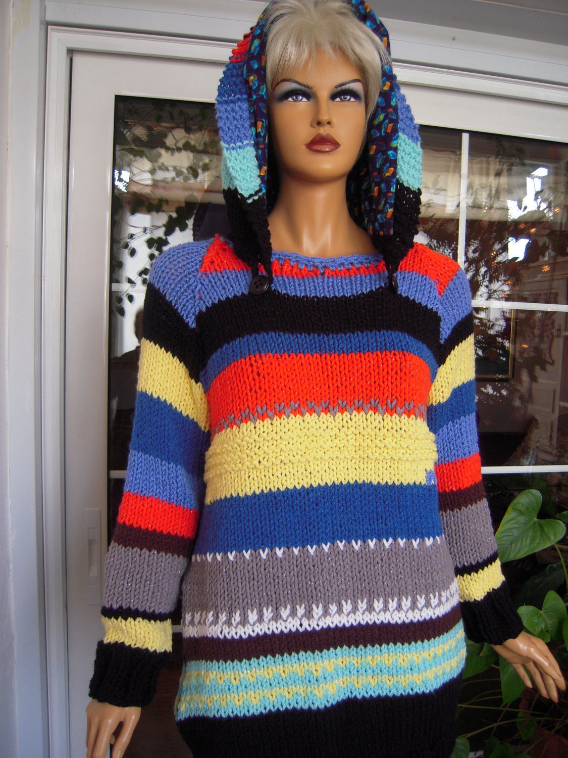 REDUCED FROM 200.00 Black,red,blue,yellow,grey/ color block, oversize handmade knitted hoodie sweater,jumper with pockets''Peace''