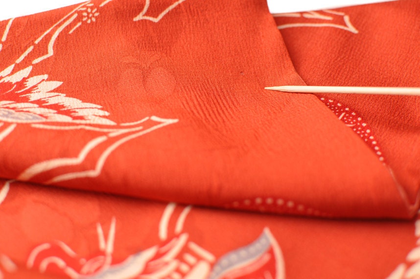 Japanese silk kimono komon with cranes pattern bingata katazome style