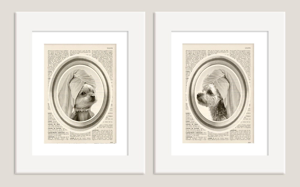 2 dog illustration dog portrait couple dogs - bathroom poster  8x10 - 2 prints  on old french dictionary  book