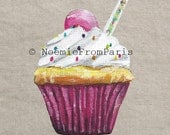 Digital Download cupcake pink pastry Transfer to fabric burlap, Pillows, T-Shirts, Tote Bags