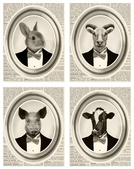 Farm Animals Collage Print poster - collage 8x10 french dictionary book - animal portrait poster - Art Print
