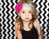 Fuchsia Shabby Chic Double Flower on Turquoise Lace Headband